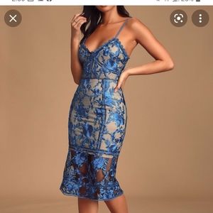LULUS Deeply Cherished Midi Dress Blue Floral Lace